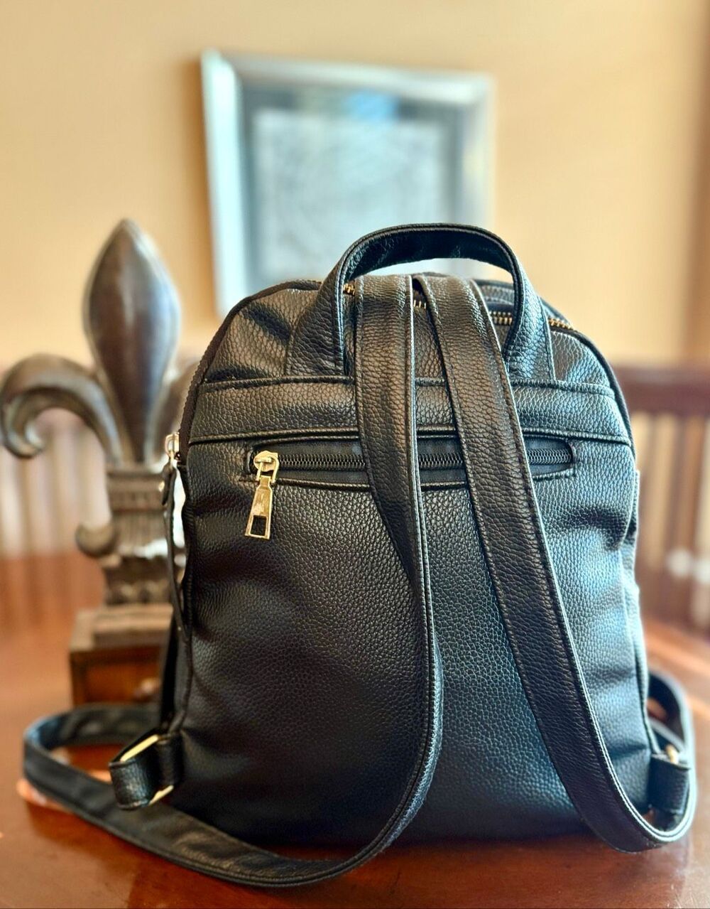 UNBRANDED - EUC Black Pebbled Faux Leather Mini Backpack w/Padlock-Style Accent - Picture 7 of 13
